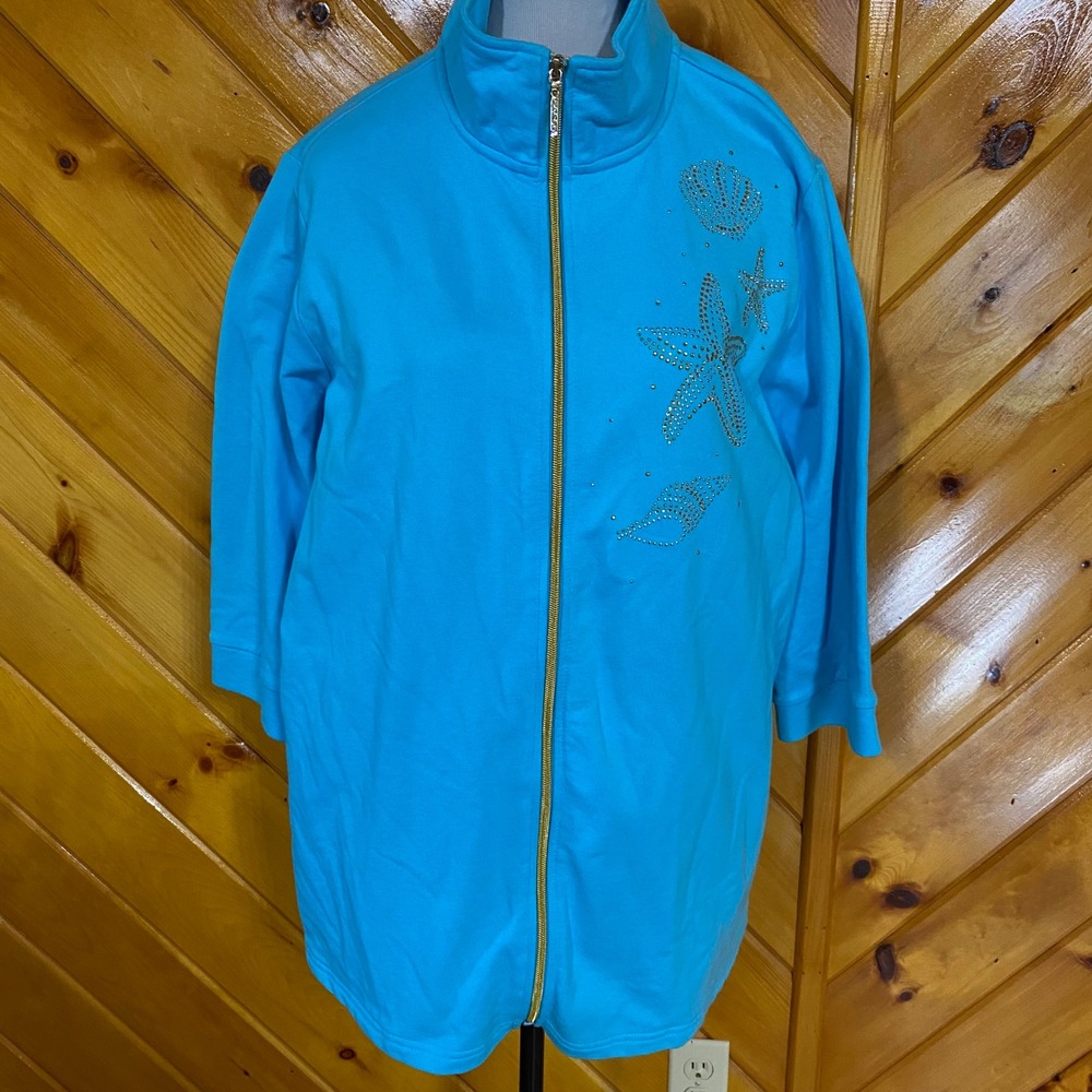 Quacker Factory 1X Full Zip Beach Seashells Rhinestone Jacket Blue Turquoise
